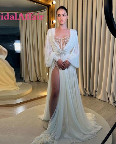 bridalaffair דובאי ערבית נשים שמלות ערב רשמיות לבנות שיפון תפוח שרוולים ארוכים יהלום שמלת נשף מסיבת שסע גבוה